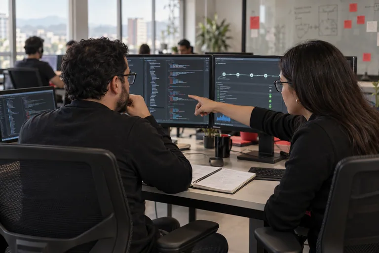 Equipo de ingeniería colaborando en el desarrollo y mantenimiento de software empresarial.