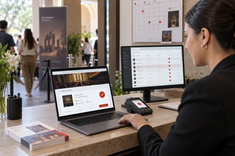 Operadora verificando una reserva digital, el pago y su registro en el sistema administrativo.