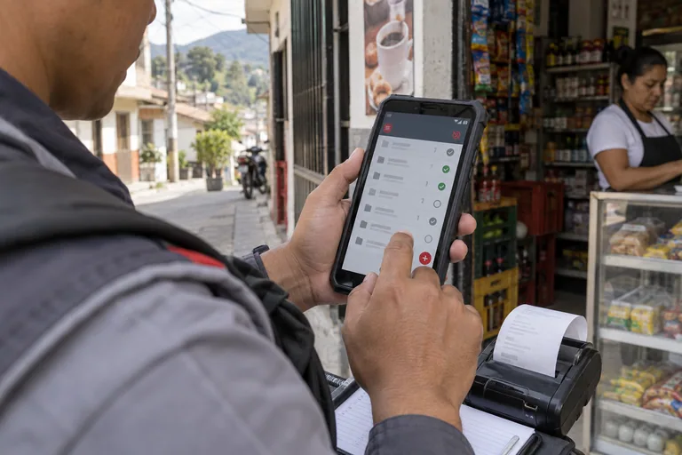 Operador utilizando una aplicación móvil para registrar información durante una visita en campo.